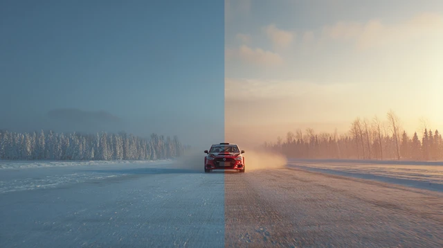 Rally Car Race Scene Winter Snow Sunlight 8K Realistic