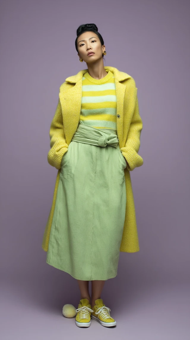 Fashion Editorial Chinese Woman Yellow Green Outfit