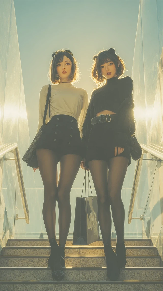 Two Chinese Girls on Stairs Fashion Portrait