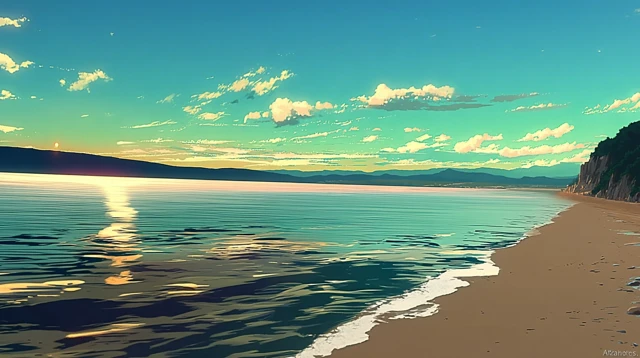 Anime Beach Landscape Sand Ocean Waves Sunset