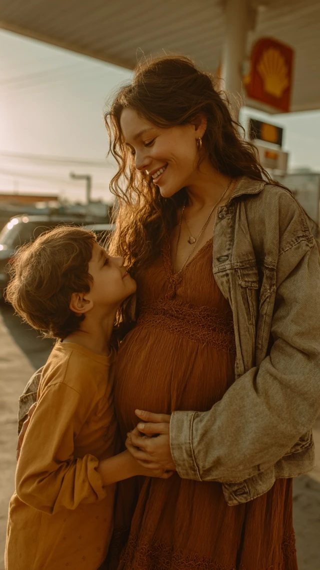 Mother and Son: Tender Moment at Shell Gas Station