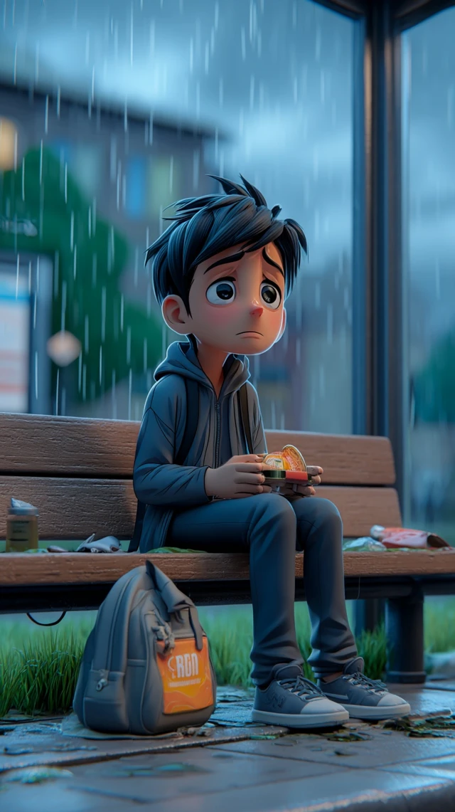 3D Cartoon Schoolboy in Rain Emotional Story