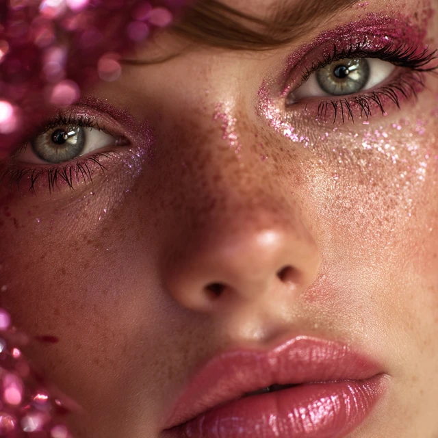 Beautiful Face Model Portrait with Pink Sparkly Makeup