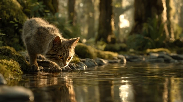 Cat at Riverside Peaceful Forest Scene