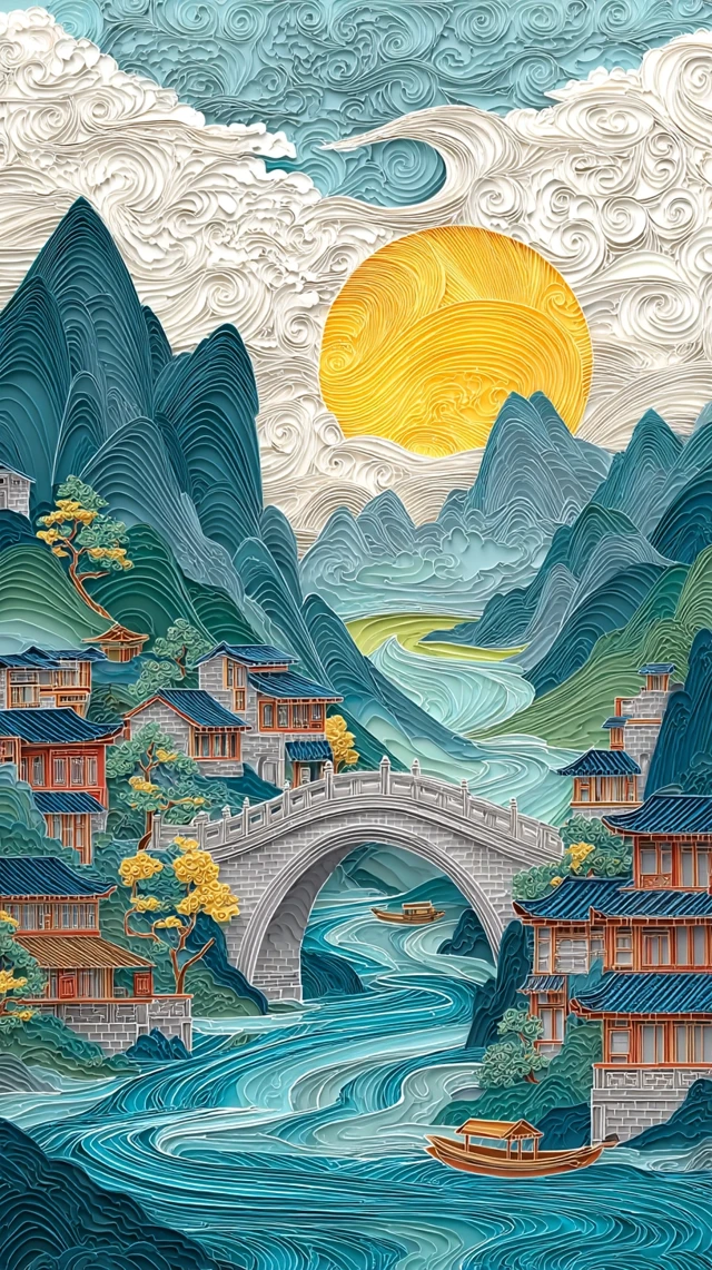 Chinese Landscape Art: Bridge, Mountains, and Houses