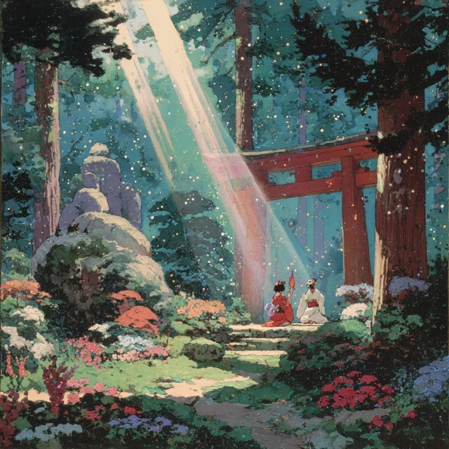 Japanese Miko Under Torii Gate Mystical Art