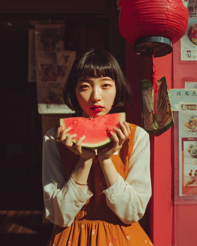 Japanese Portrait Eating Watermelon Color Photography