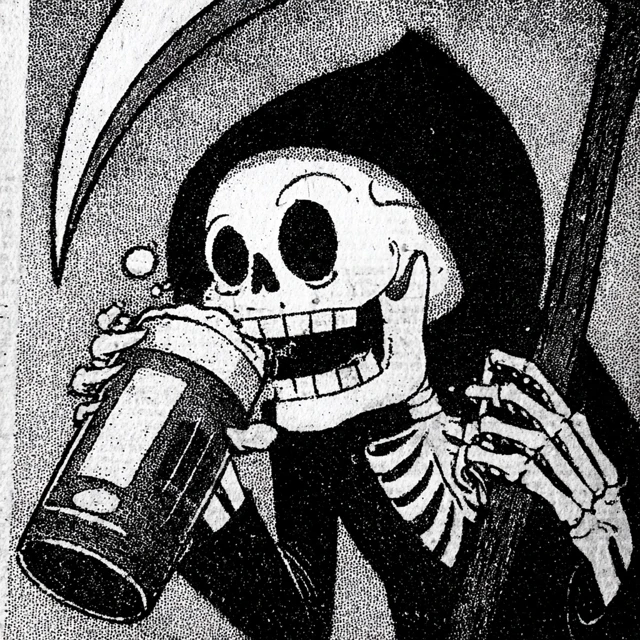 Happy Grim Reaper Drinking Beer Cartoon Illustration