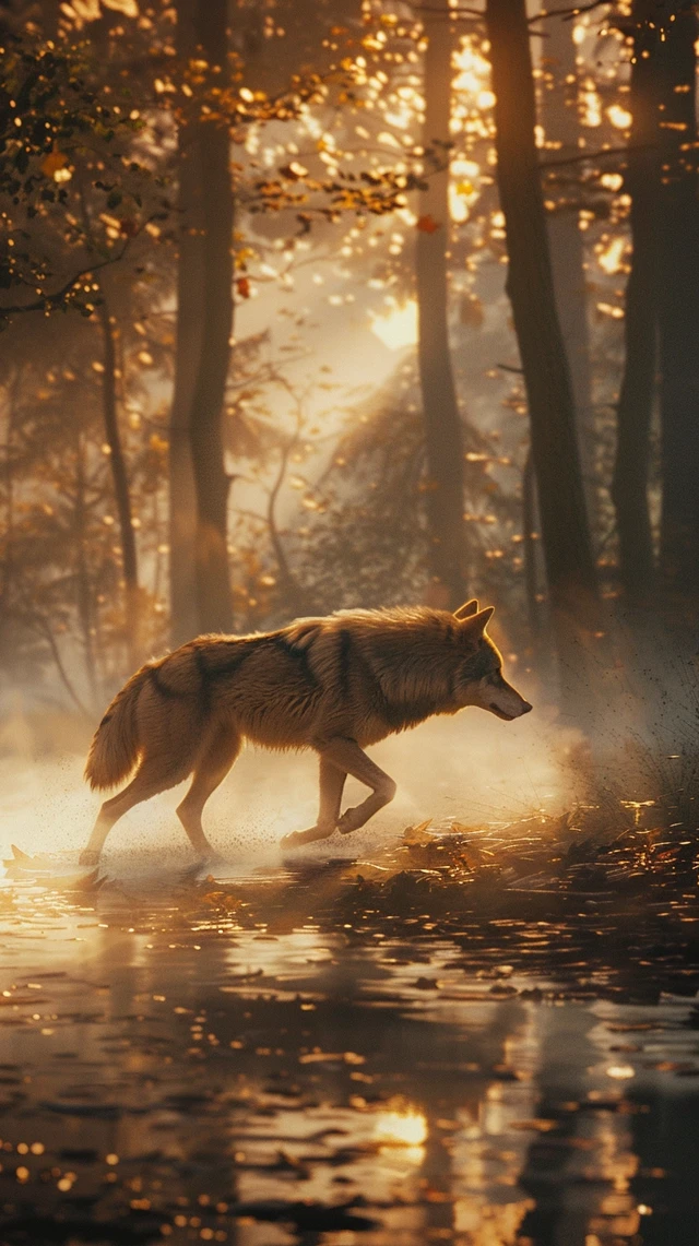 Lone Wolf Running in Forest at Dawn