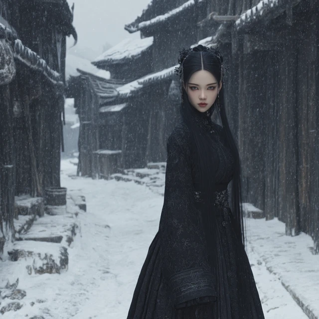 Gothic Chinese Woman in Snow Covered Village