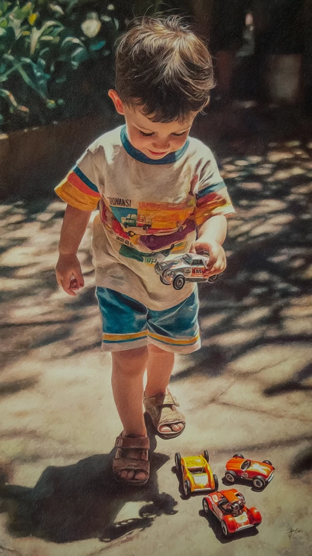 Young Ayrton Senna Playing with Toy Cars Portrait