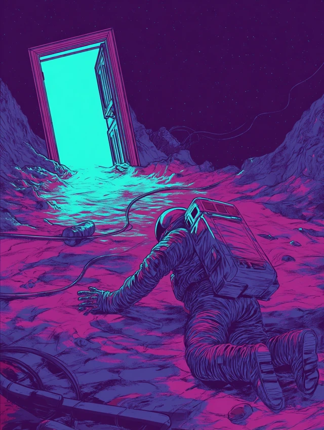 Astronaut in Space Reaching for Doorway