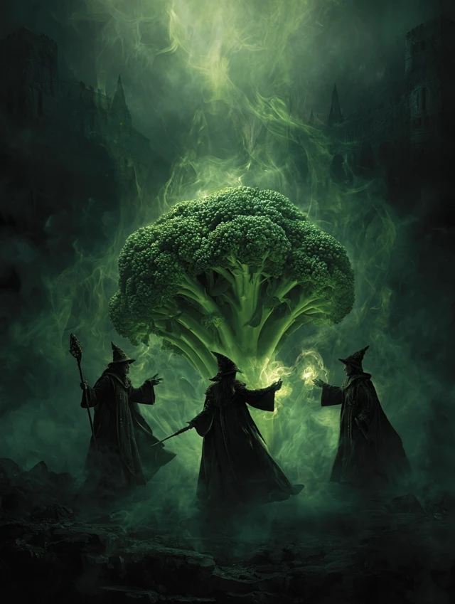 Mystical Broccoli Fantasy Photo with Wizards