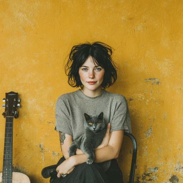 Woman with Cat and Guitar Serene Portrait