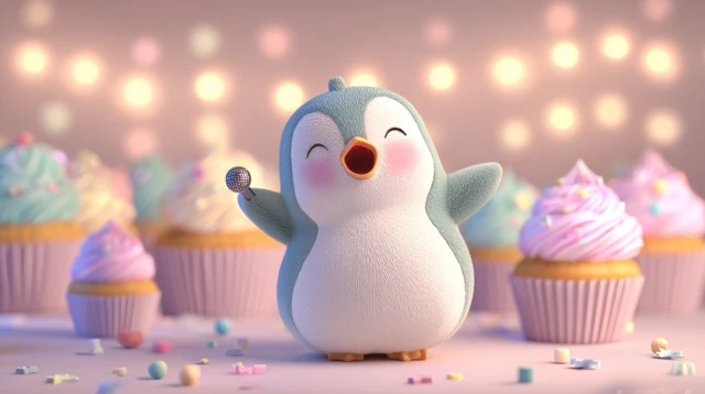 Cute Penguin Singing in a Cupcake World