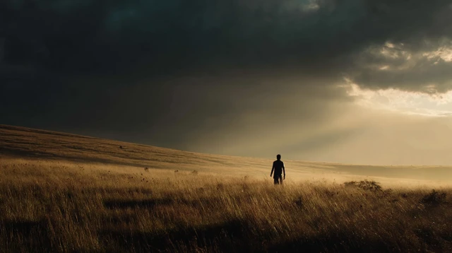 Lone Hero On The Grassland Cinematic Shot