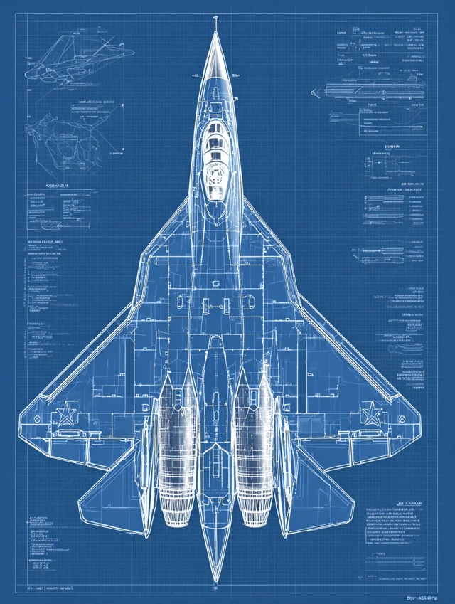 Su57 Blueprint Stealth Fighter Jet Schematic