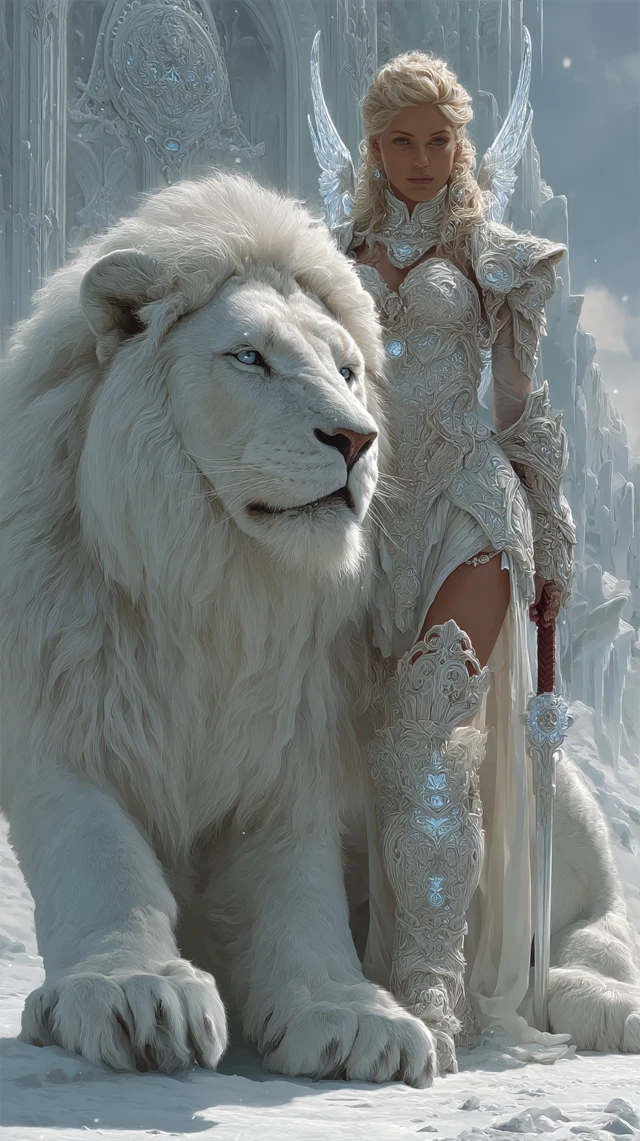 Frost Angel with Ice Armor and Lion in Frozen Palace