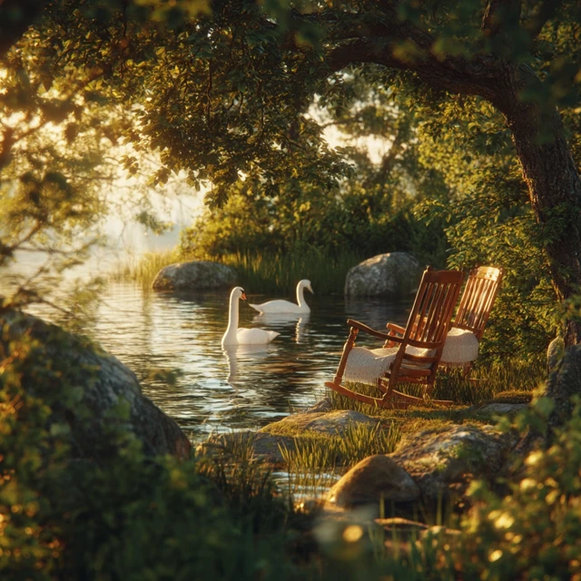 Summer Evening Scene Swans Lake Golden Sunset