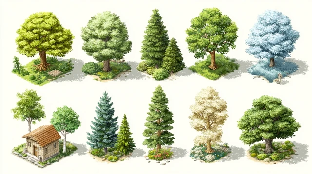 Cartoon Tree Sprites Icons Top View Clean Background