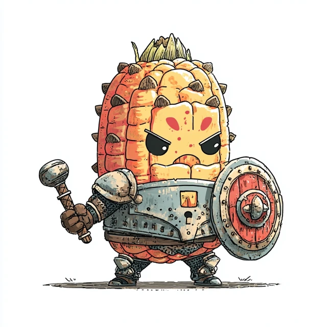Cartoon Corn Cob Tank Fighter with Shield and Mace