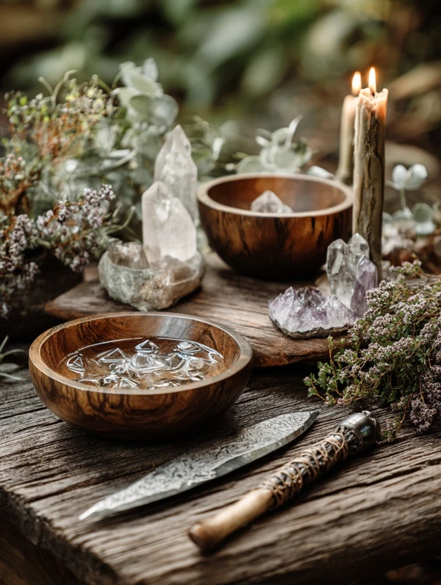Ritual Setup Wood Table with Crystals Herbs and Candle