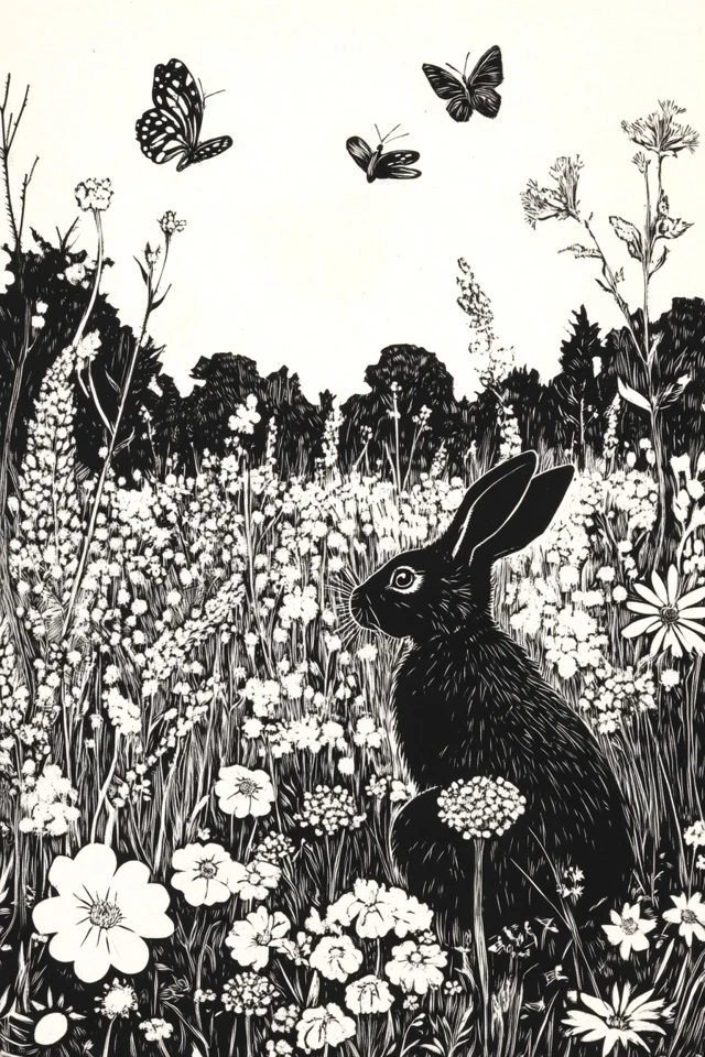 Linocut Meadow Rabbits Bees Butterflies Art