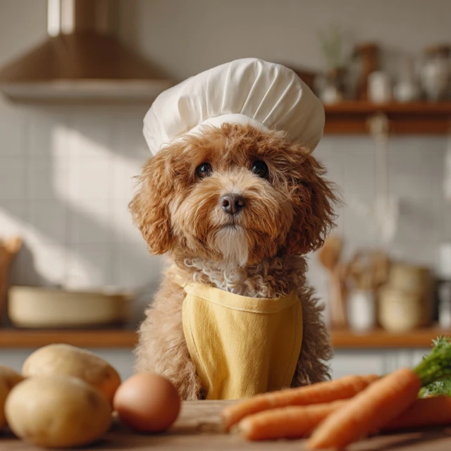 Cute Maltipoo Puppy Chef In Kitchen