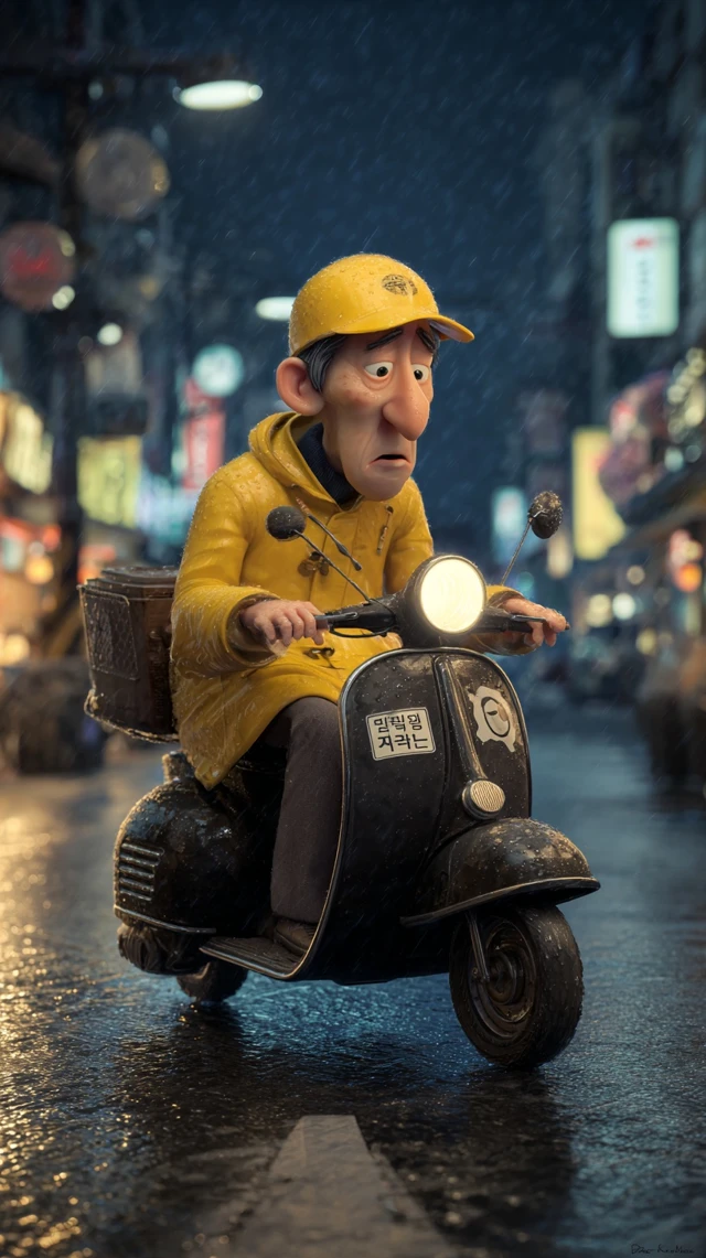 Rainy Evening Korean Delivery Man Pixar 3D