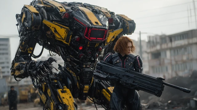 Cyberpunk Scarlett Johansson vs Mech