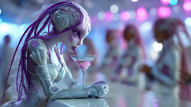 Alien Girl at Bar Drinking Martini
