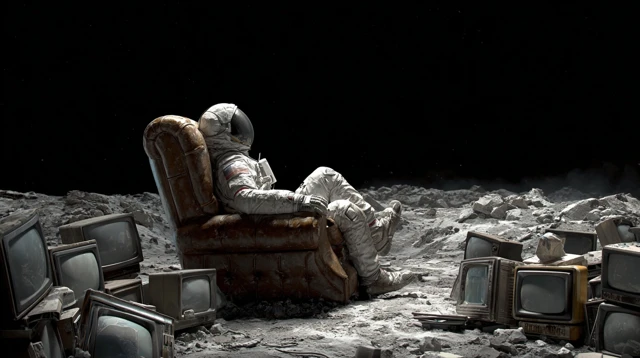 Astronaut Relaxing on the Moon Surrounded by TVs