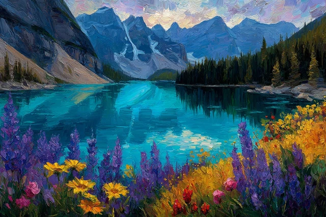 Moraine Lake Painting in Raoul Dufy Style