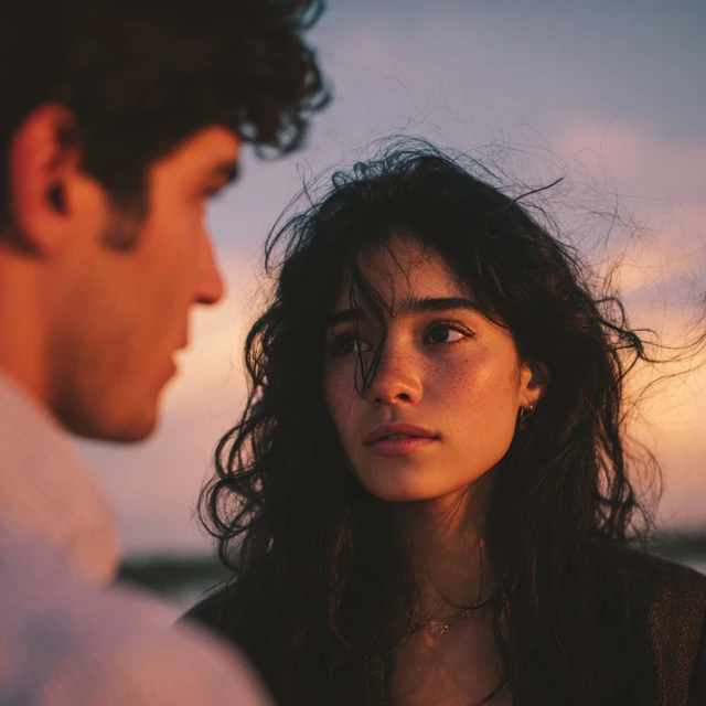 Romantic Sunset Encounter Young Woman and Man