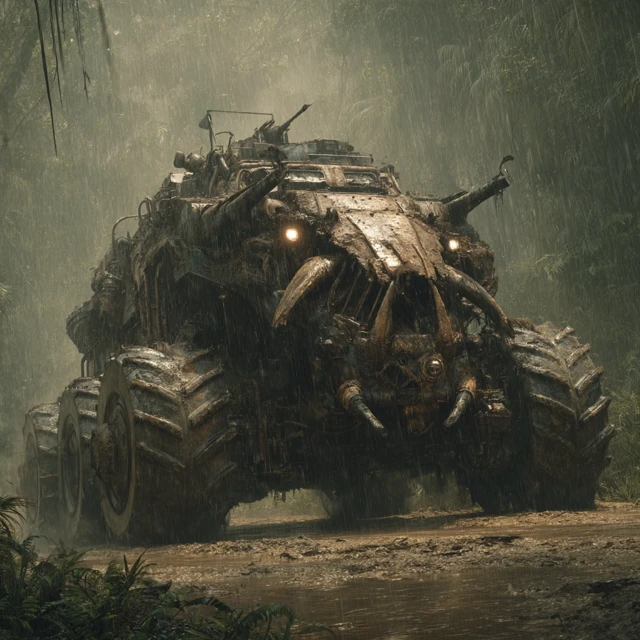 Ork Battlewagon in a Jungle Rainy Scene