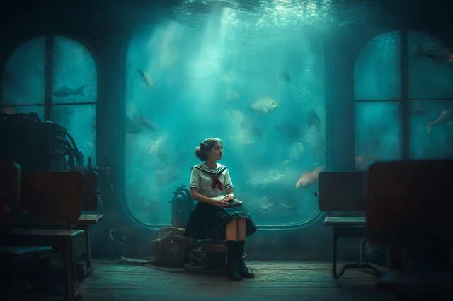 Girl in Sailor Suit Underwater Classroom