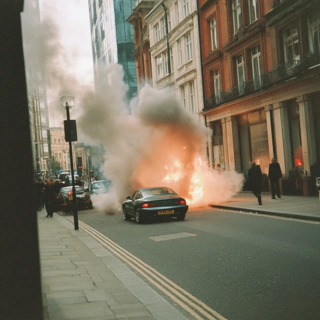 Exploding Italian Sports Car in London Fujifilm Style
