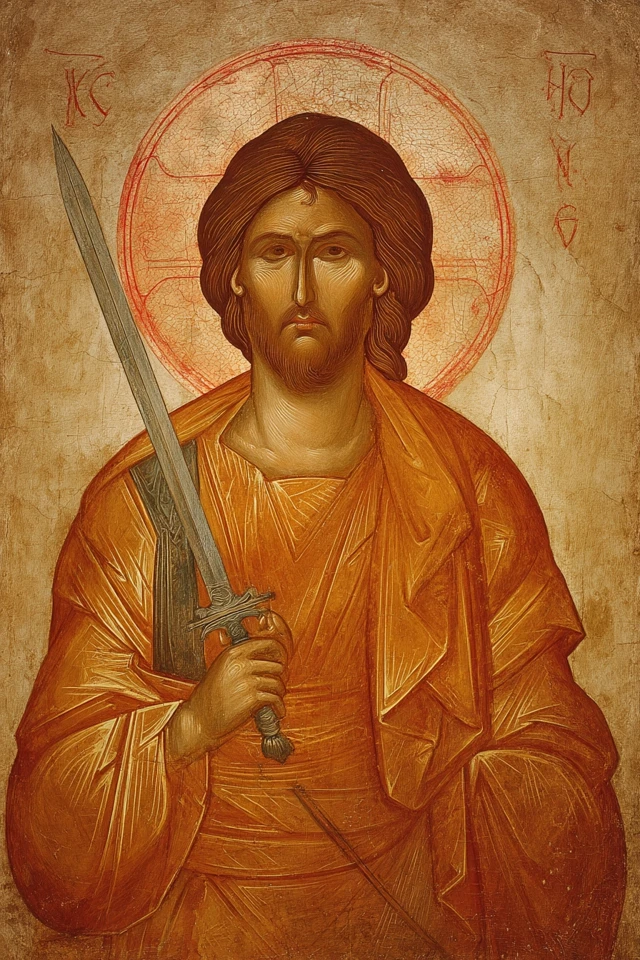 Byzantine Icon of Sacred Figure Holding Sword