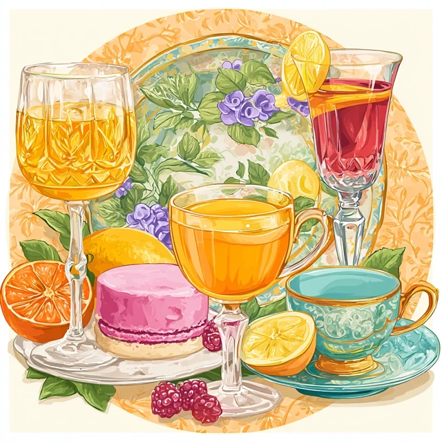 High Tea Still Life Illustration: Sweets, Drinks and Elegance