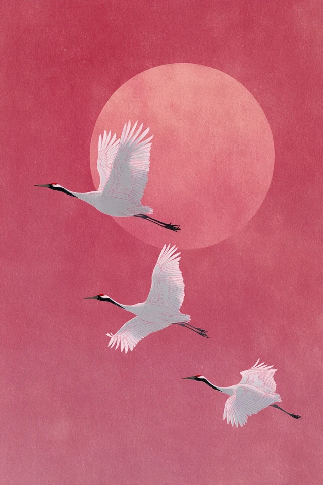 Japanese Crane Art Print Pink Sun Pastel Tones