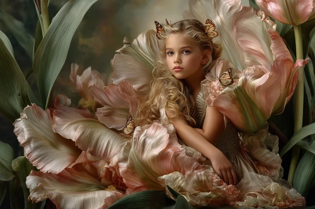 Girl in Tulip Fairytale Dream Delicate Soft Pastel