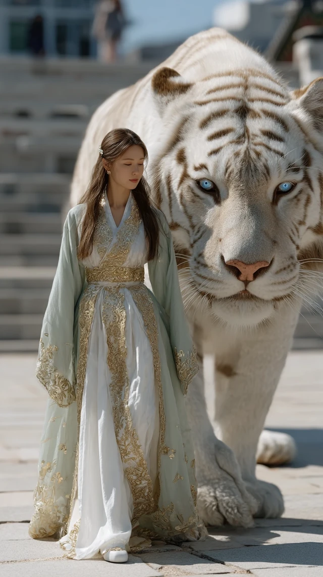 White Tiger Guardian and Korean Woman Portrait