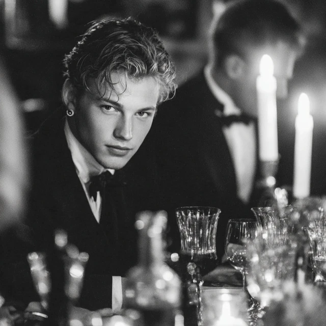 Elegant Young Man Dining in Black and White