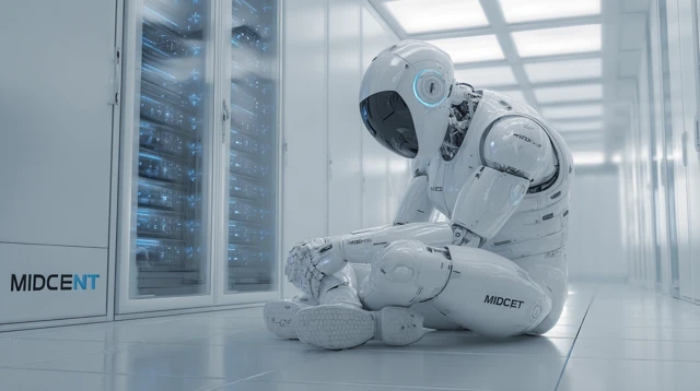 AI Android Journalist in Futuristic Server Room