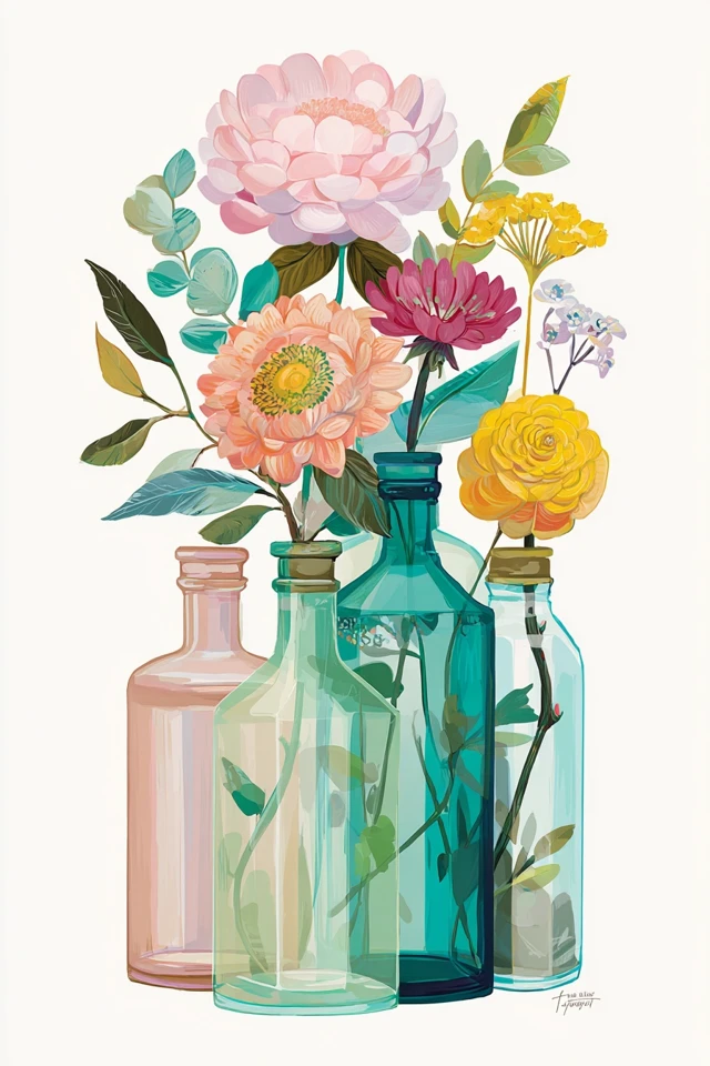 Vintage Glass Bottles with Flowers Nursery Decor Art Print