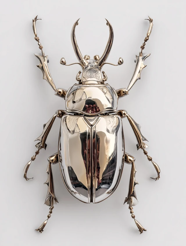 Metal Bug Sculpture Top View Shiny Silver on White