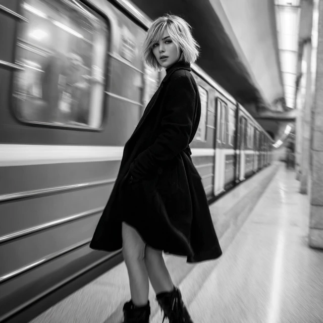 Woman in Metro Black and White Photo
