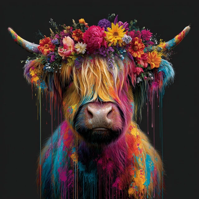 Highland Cow Portrait Colorful Flowers Art