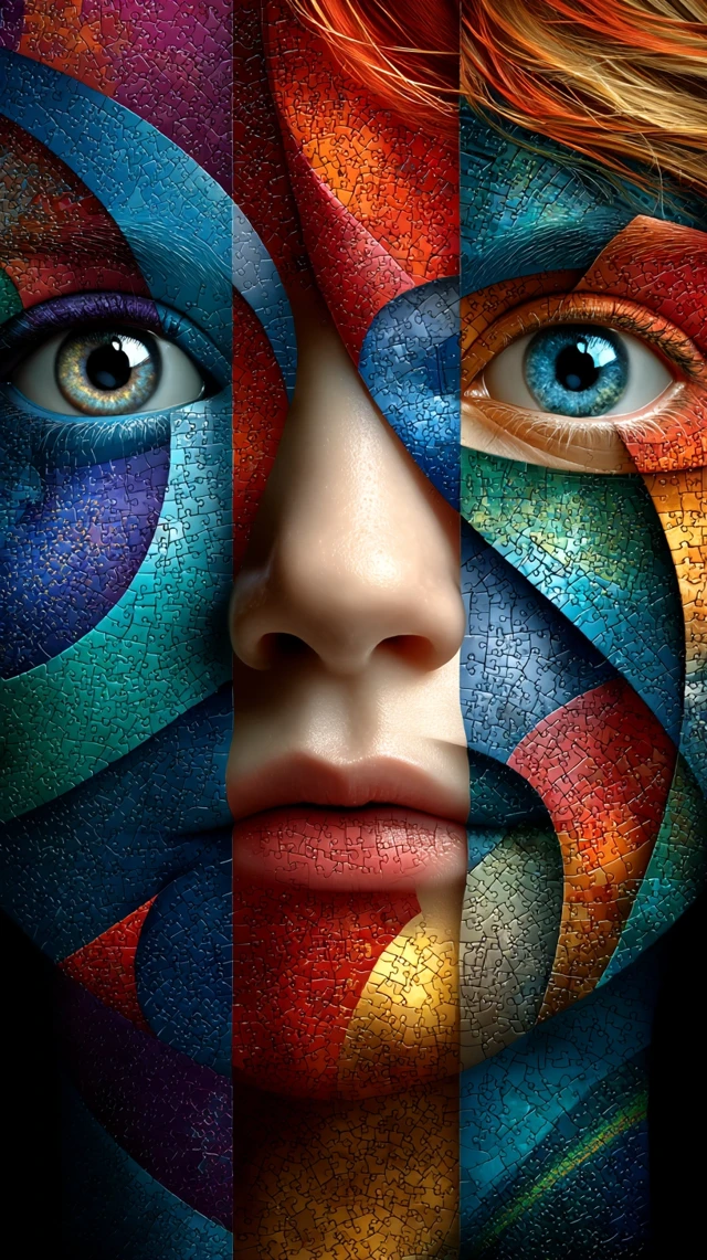 Woman Face Divided Puzzle Art in Vibrant Styles