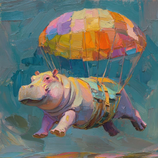 Impressionist Hippo Painting Under a Rainbow Parachute